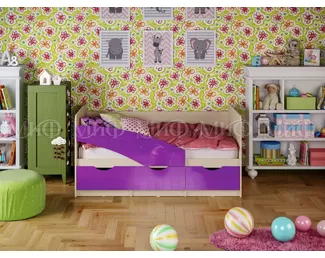 Кровать Бабочки 1.8*0.8м (Фиолетовый металлик / Дуб беленый) МИФ