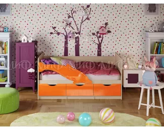 Кровать Дельфин-1, 1.6*0.8м  (Оранжевый металлик / Дуб беленый) МИФ