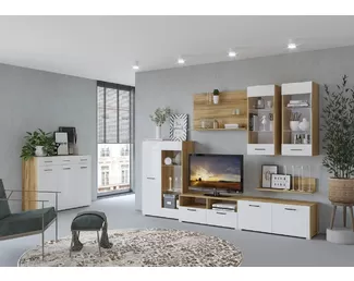 Гостиная Ненси - Белый глянец / Дуб золотой (Комплект 3.6) (Горизонт)