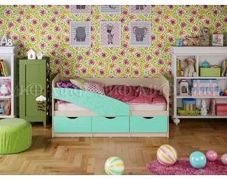 Кровать Бабочки 1.8*0.8м - Бирюза матовая / Дуб беленый МИФ