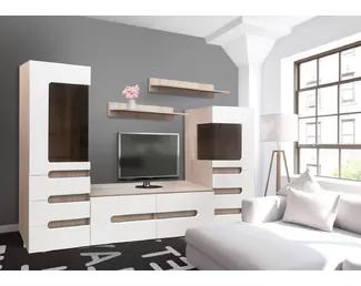 Гостиная Эврика 2,8 - Шимо светлый / Белый глянец (Рикко)