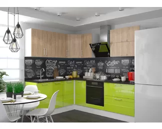 Кухня угловая Европа/Люкс 1.8х2.4м ЛДСП/МДФ - Крафт золотой/Лайм глянец (Горизонт)