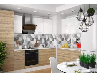 Кухня угловая Оптима/Люкс 2.5х1.3м - Сосна бран/Белый глянец (Горизонт)