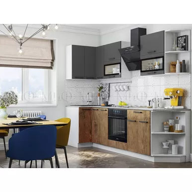 Кухонный гарнитур угловой Техно 0.9х2.7м - Компоновка 2 - Графит софт/Экзотическое дерево Амазония (МИФ)