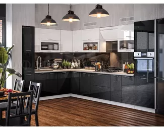 Кухня угловая Техно 2.2х3.4м - Белый глянец/Черный глянец (МИФ)