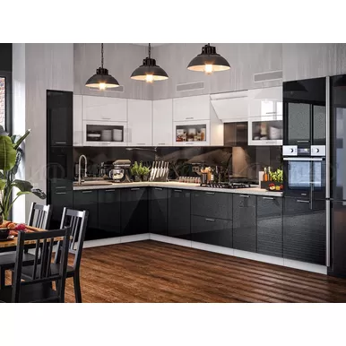 Кухня угловая Техно 2.2х3.4м - Белый глянец/Черный глянец (МИФ)