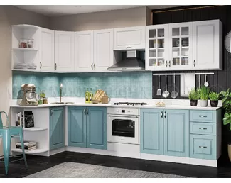 Кухня угловая Констанция 1.3х3.2м - Белый снег софт/Голубой (МИФ)