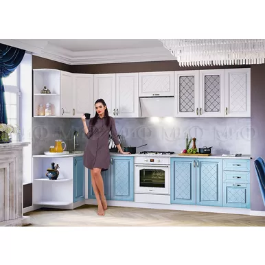 Кухня угловая Ирина 1.3х3.2м - Белый матовый/Голубой (МИФ)