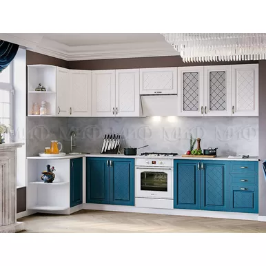 Кухня угловая Ирина 1.3х3.2м - Белый матовый/Джинс (МИФ)