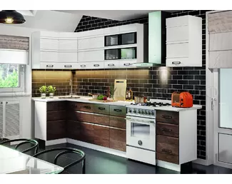 Кухня угловая Техно-2 1.0х2.6м - Белый матовый/Дерево (МИФ)