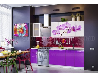 Кухонный гарнитур 2.0м (Ф/П Орхидея фиолетовая) - Белый глянец холодный/Фиолетовый металлик (МИФ)