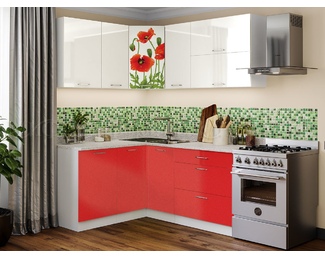Кухонный гарнитур угловой 1.5х1.8м (Ф/П Маки красные) - Белый глянец холодный/Красный металлик (МИФ)