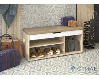 Банкетка Эва БК-001 - Белый шагрень/Дуб Сонома светлый/Кожзам Бежевый (МК Стиль)