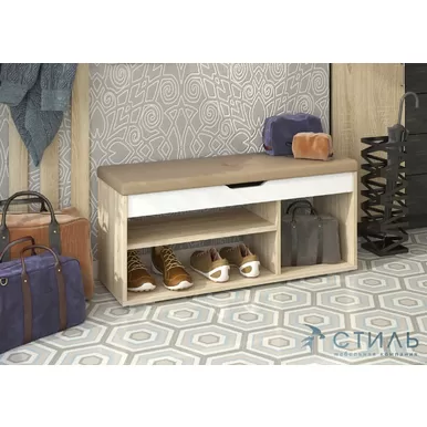 Банкетка Эва БК-001 - Белый шагрень/Дуб Сонома светлый/Кожзам Бежевый (МК Стиль)