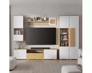 Гостиная Тиволи - Комплект 2 - Белый/Фотопечать «Текстура дерева»/Крафт (BTS)