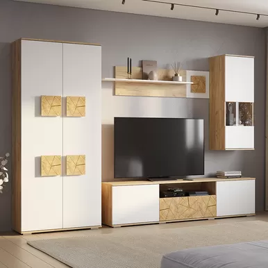 Гостиная Тиволи - Комплект 3 - Белый/Фотопечать «Текстура дерева»/Крафт (BTS)