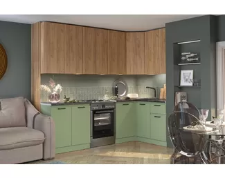 Кухня угловая Ревилья 2.5х1.4м ЛДСП - Дуб Крафт золотой/Зеленый шалфей (Столлайн)