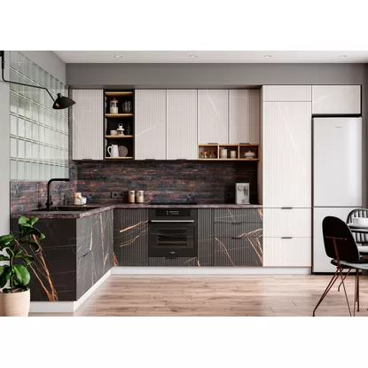 Кухня угловая Монца 2.4х3.6м - Кварц бежевый/Кварц черный (ДСВ Мебель)