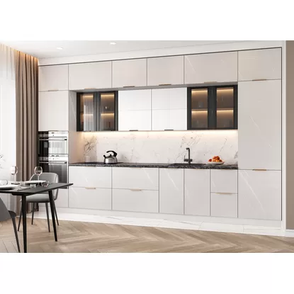 Кухня Монца/Ройс 4.0м - Белый Софт/Кварц бежевый (ДСВ Мебель)