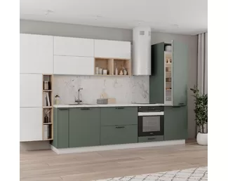 Кухня Олива/Ройс 3.4м - Снег/Оливково-зеленый (ДСВ Мебель)