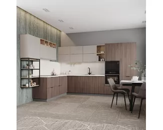 Кухня угловая Альберо/Ройс 2.8х3.4м - Американский шоколад/Бежевый Софт (ДСВ Мебель)