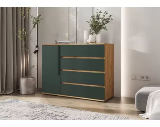 Комод Норд (1 дверь, 4 ящика) - Дуб Крафт/Изумрудный (МИФ)
