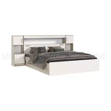 Кровать Бася 1,6м с надстройкой и тумбами - Дуб Крафт серый/Кашемир (МИФ)