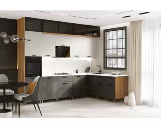 Кухонный гарнитур угловой Рио NEW 3.0х1.8м/1080мм ЛДСП - Компоновка 4 - Вариант 3 - Бетон светлый/Бетон темный (МИФ)