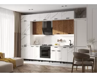 Кухонный гарнитур Техно 3.0м/1080мм - Компоновка 6 - Экзотическое дерево Амазония/Мрамор белый (МИФ)