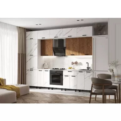 Кухонный гарнитур Техно 3.0м/1080мм - Компоновка 6 - Экзотическое дерево Амазония/Мрамор белый (МИФ)