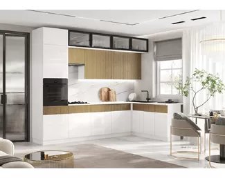 Кухонный гарнитур угловой Оливия NEW 3.0х1.8м - Компоновка 1 - Белый глянец/Голдэн Пэлас (МИФ)