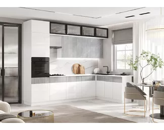 Кухонный гарнитур угловой Оливия New 3.0х1.8м - Компоновка 1 - Белый глянец/Мрамор глянец (МИФ)