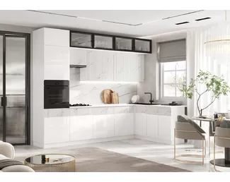 Кухонный гарнитур угловой Оливия NEW 3.0х1.8м - Компоновка 1 - Белый глянец/Мрамор золото (МИФ)