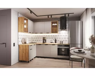 Кухонный гарнитур угловой Техно 1.4х2.4м - Компоновка 9 - Холст Латте (МИФ)