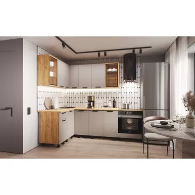 Кухонный гарнитур угловой Техно 1.4х2.4м - Компоновка 9 - Холст Латте (МИФ)