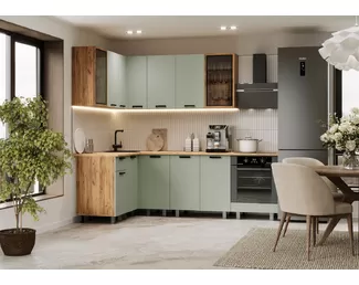 Кухонный гарнитур угловой Техно 1.4х2.4м - Компоновка 9 - Олива Софт (МИФ)