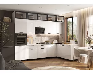 Кухонный гарнитур угловой Техно 3.0х1.8м/1080мм - Компоновка 8 - Белый глянец (МИФ)