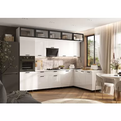 Кухонный гарнитур угловой Техно 3.0х1.8м/1080мм - Компоновка 8 - Белый глянец (МИФ)