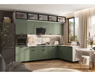 Кухонный гарнитур угловой Техно 3.0х1.8м/1080мм - Компоновка 8 - Олива глянец (МИФ)