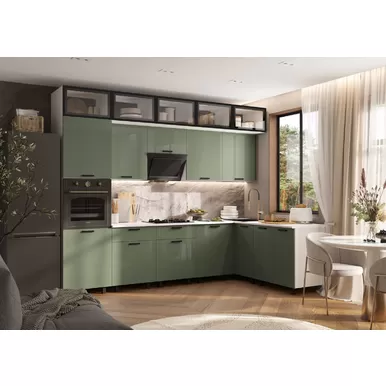 Кухонный гарнитур угловой Техно 3.0х1.8м/1080мм - Компоновка 8 - Олива глянец (МИФ)