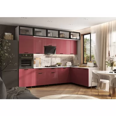 Кухонный гарнитур угловой Техно 3.0х1.8м/1080мм - Компоновка 8 - Марсала глянец (МИФ)