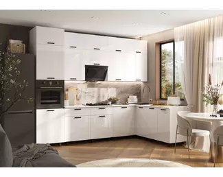 Кухонный гарнитур угловой Техно 3.0х1.8м/1080мм - Компоновка 6 - Белый глянец (МИФ)