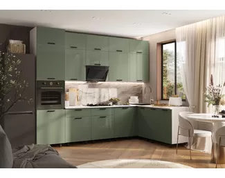 Кухонный гарнитур угловой Техно 3.0х1.8м/1080мм - Компоновка 6 - Олива глянец (МИФ)