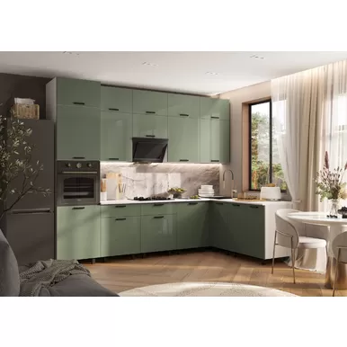 Кухонный гарнитур угловой Техно 3.0х1.8м/1080мм - Компоновка 6 - Олива глянец (МИФ)