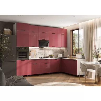 Кухонный гарнитур угловой Техно 3.0х1.8м/1080мм - Компоновка 6 - Марсала глянец (МИФ)