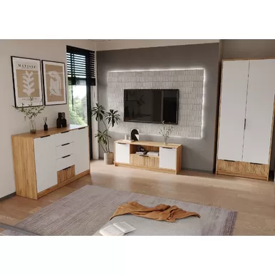 Гостиная Ивис (Комплект 1) - Дуб Крафт золотой / Белый гладкий (МК-Стиль)