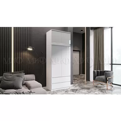 Шкаф 2-х створчатый комбинированный с антресолью-тумбой универсальной Челси - Белый/Белый глянец (МИФ)
