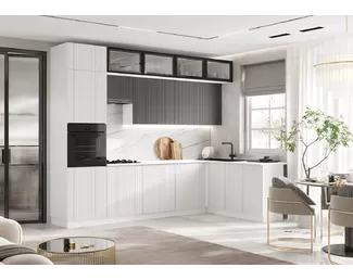 Кухонный гарнитур угловой Оливия NEW 3.0х1.8м/1080мм - Компоновка 4 - Графит Софт/Белый снег Софт (МИФ)