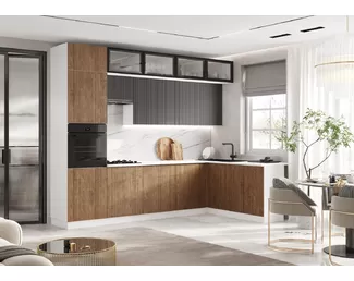 Кухонный гарнитур угловой Оливия NEW 3.0х1.8м/1080мм - Компоновка 4 - Вариант 1 - Графит Софт/Экзотическое дерево Амазония (МИФ)