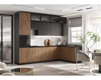 Кухонный гарнитур угловой Оливия NEW 3.0х1.8м/1080мм - Компоновка 4 - Вариант 2 - Графит Софт/Экзотическое дерево Амазония (МИФ)